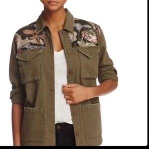 AQUA OLIVE SEQUIN CAMOUFLAGE UTILITY JACKET SHACKET SHIRT MEDIUM NWT